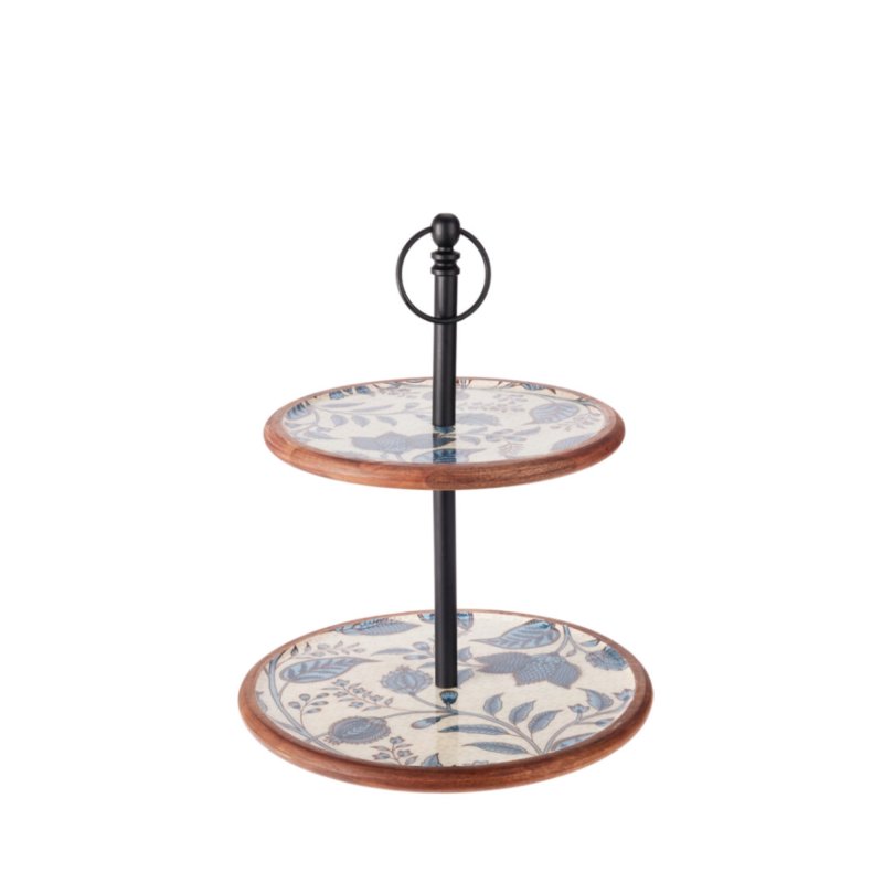 Dřevěný etažér zdobený bílými květy - 2 patrový 43 cm