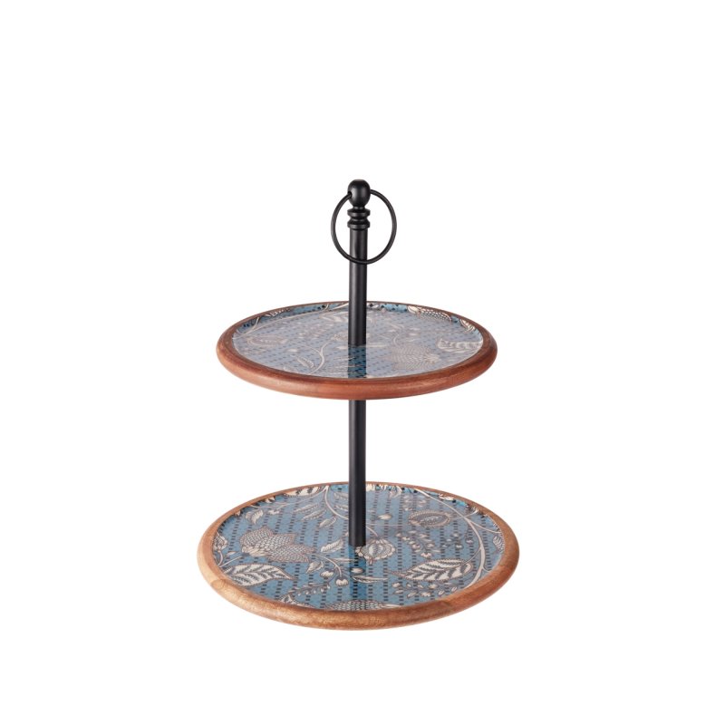 Dřevěný etažér zdobený modrými květy - 2 patrový 43 cm